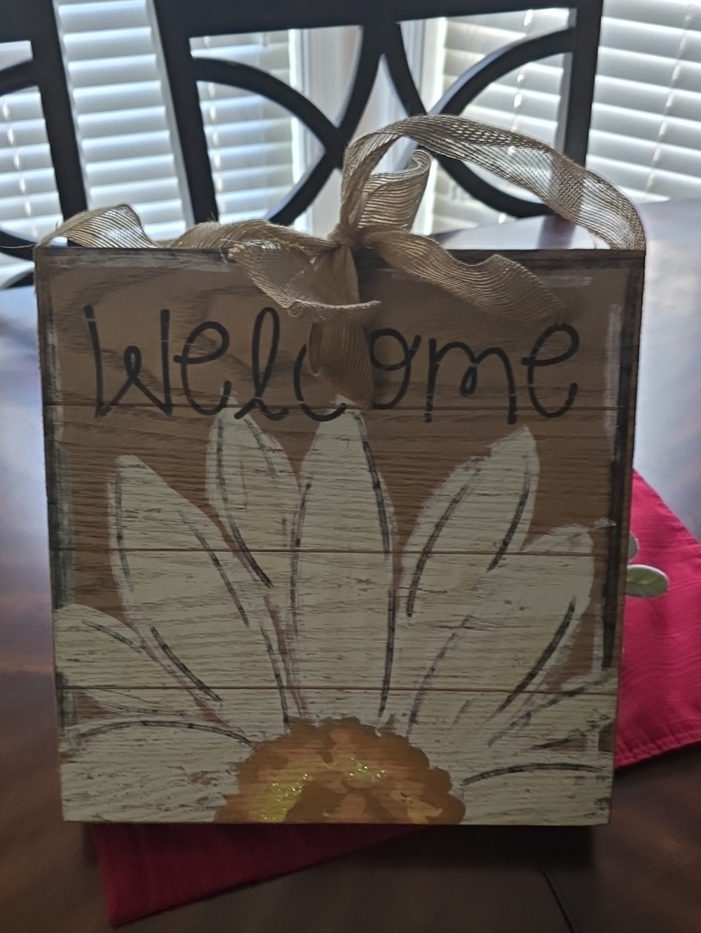 Hobby Lobby Cream Daisy Welcome Sign on Brown Wood - 11 3/4" X 11 3/4" X 1.5"